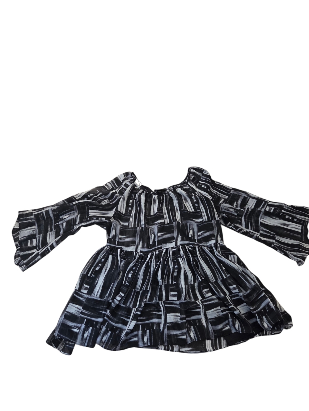 AB Studio black/gray print 3/4 sleeve blouse w/attached cami, L. EUC.